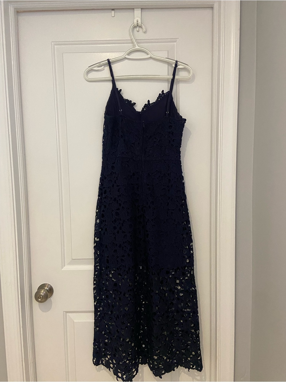 Navy Lace Midi Dress with Spaghetti Straps